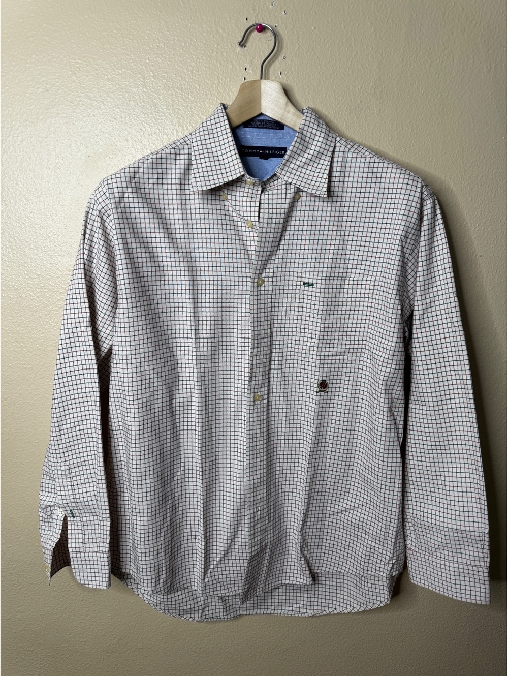 Tommy Hilfiger Men’s White Red Navy Windowpane Check Button Down Shirt M